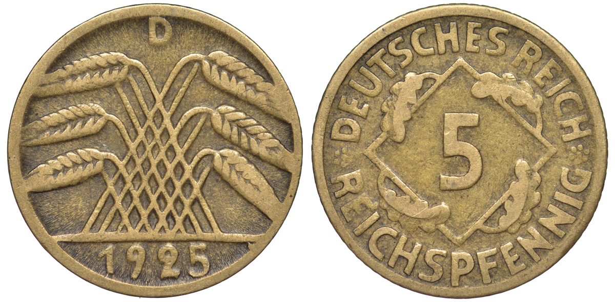 Германия 5 рейхспфеннигов 1925 D KM 39, J. 316 алюминиевая бронза 4602-1238