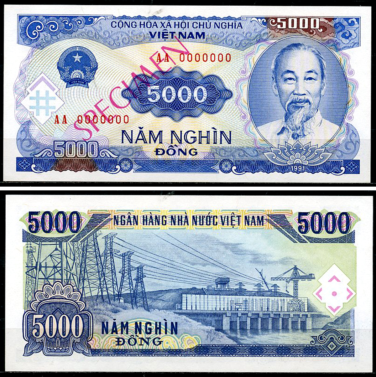 Вьетнам 5000 донгов 1991 образец, Specimen (Tienmau), Хо Ши Мин, ГЭС Pick 108 s  бумага  UNC (пресс) 451-967-1