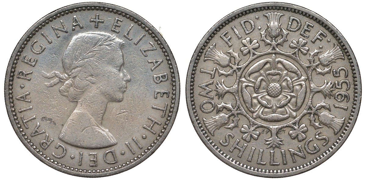 Великобритания 2 шиллинга (флорин) 1955 Елизавета II (1952-2022) KM 906, Spink 4146 медно-никель 4131-532