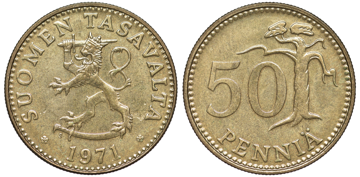 Финляндия 50 пенни 1971 S KM 48 алюминиевая бронза UNC 259-617