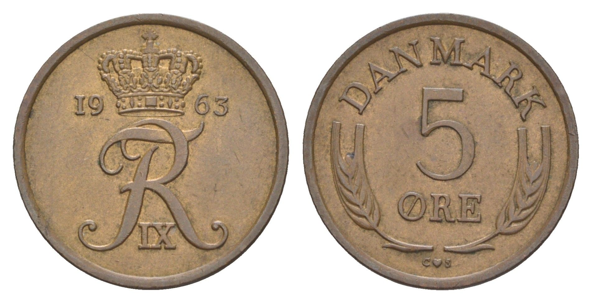Дания 5 эре 1963 C; S, Фредерик IX (1947-1972) KM 848 бронза 4650-254