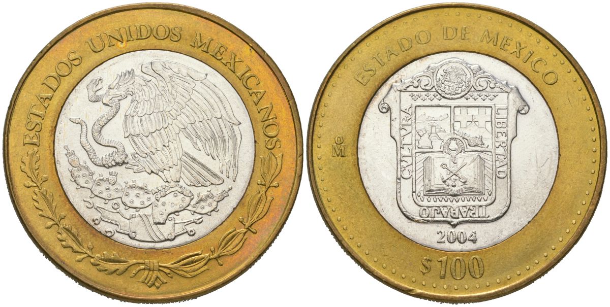 Мексика 100 песо 2004 180 лет Федерации - Мехико KM 748 биметалл, серебро BU 00-1067-8-11