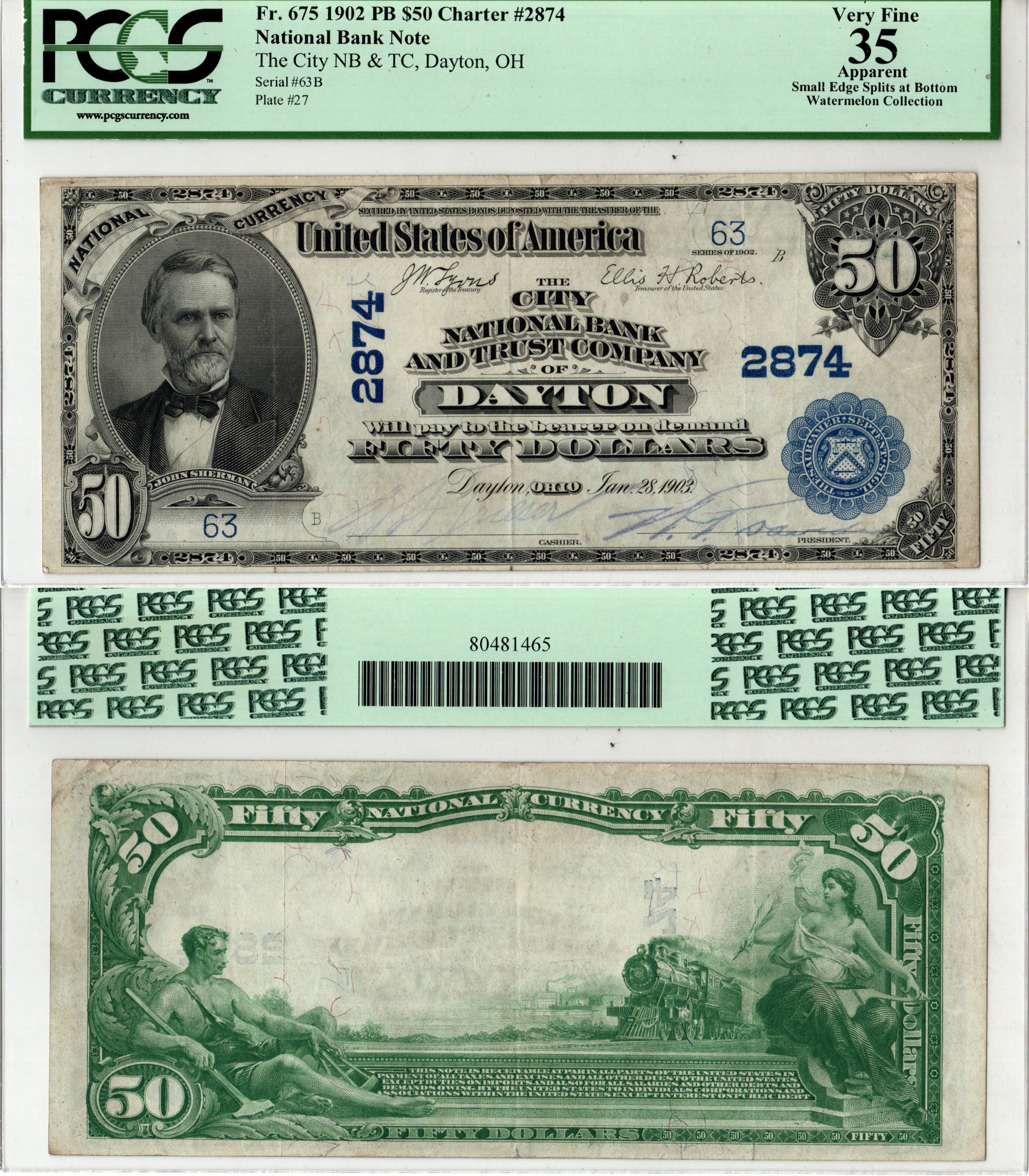 США, National Bank Note 50 долларов 1902 Национальный Банк и Трастовая Компания Сити, Дейтон, Огайо. В слабе компании PCGS Currency. Сохранность - «35 Apparent». Fr. 675  бумага   10-2-39