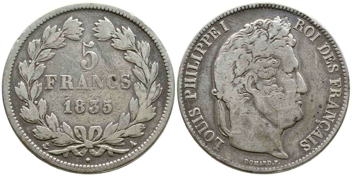 Франция 5 франков 1835 А, Луи Филипп I (1830-1848) KM 749.1 серебро 79-1034
