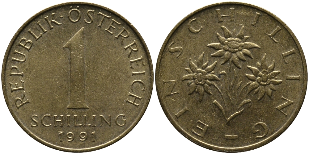 АВСТРИЯ 1 ШИЛЛИНГ 1991 KM 2886 алюминиевая бронза 33-542