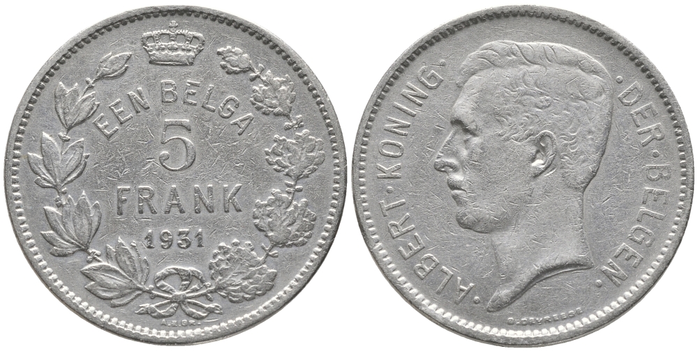 БЕЛЬГИЯ 5 ФРАНКОВ 1931 BELGEN KM 98 никель 83-1131