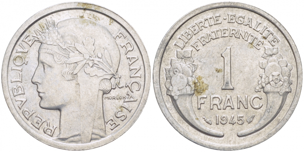 ФРАНЦИЯ 1 ФРАНК 1945 KM 885а.1 алюминий 4402-913