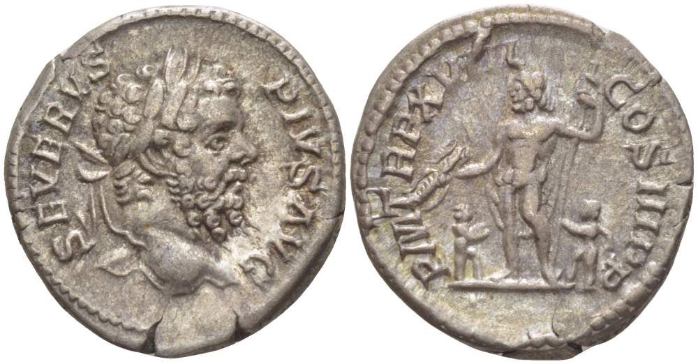 Римская Империя денарий 210 Септимий Север, SEVERVS PIVS AVG, бюст императора / PM TRP XVIII COS III PP, Юпитер, Рим, 3,30 гр RIC 233 серебро 1073-18-97