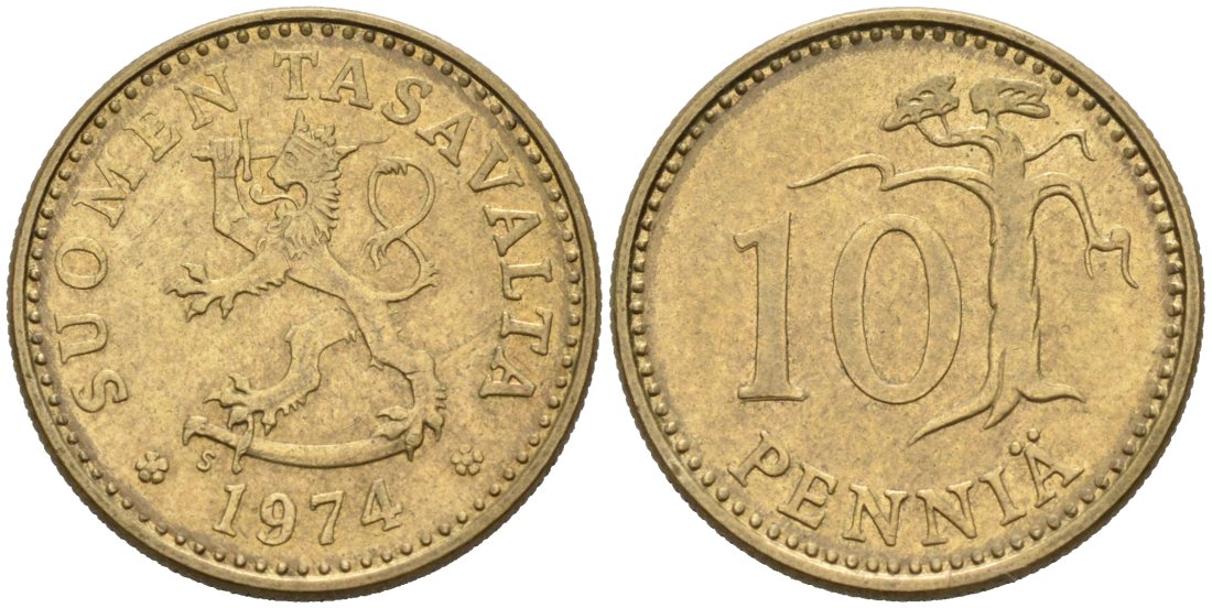 Финляндия 10 пенни 1974 S KM 46 алюминиевая бронза 4567-331