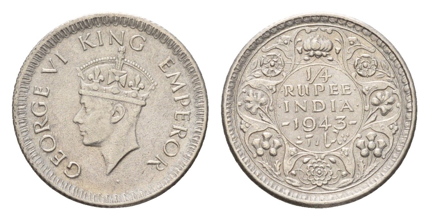 Британская Индия 1/4 рупии 1943 Георг VI (1936-1952) KM 546 серебро 4152-159