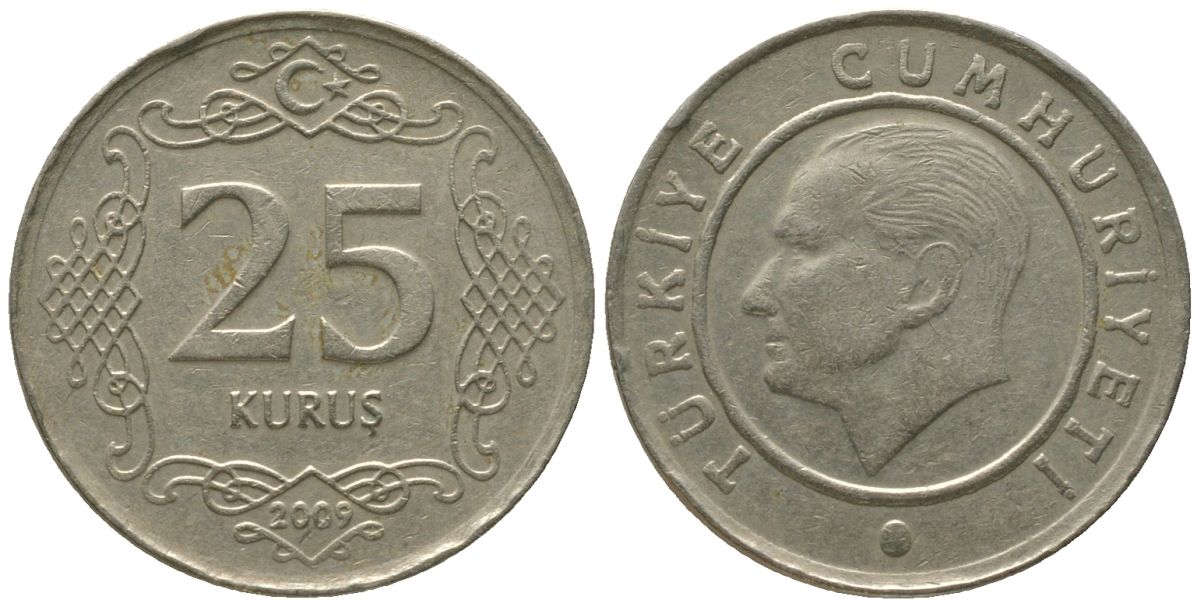 Турция 25 курушей 2009 KM 1242 медно-никель 4561-1223