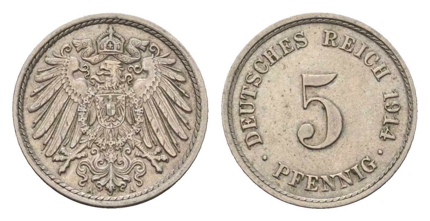 Германия 5 пфеннигов 1914 A, Вильгельм II (1888-1918) KM 11, J. 12 медно-никель 4636-268