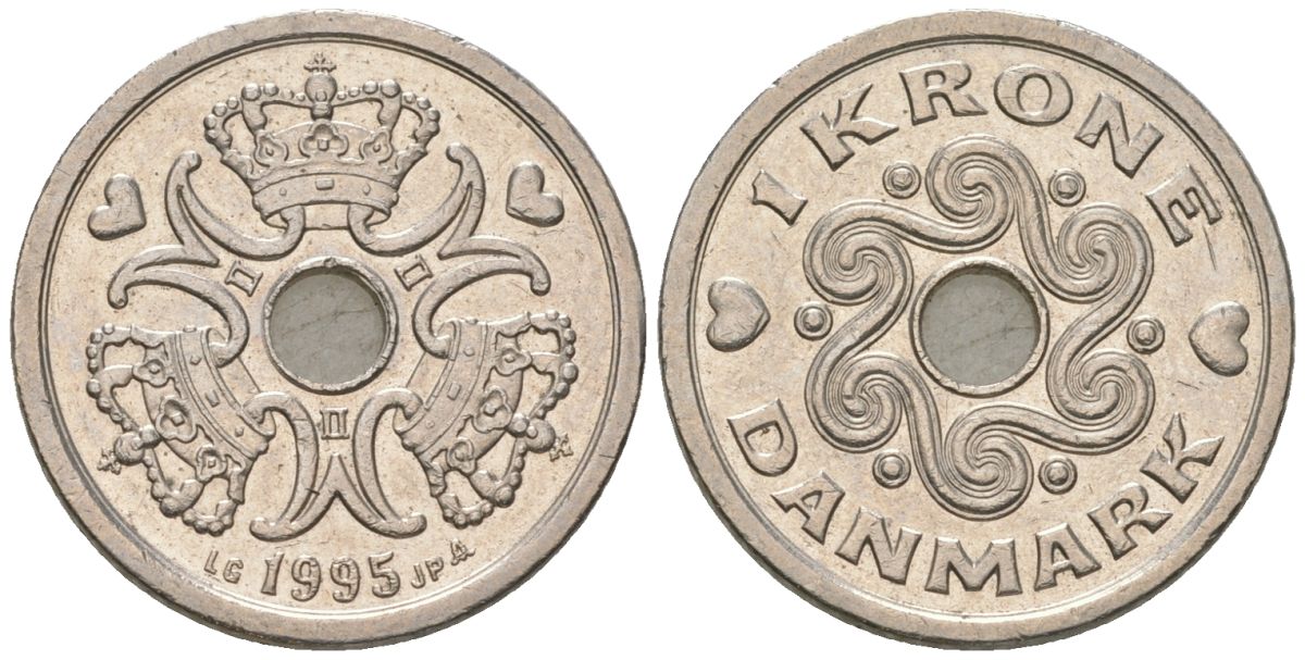 Дания 1 крона 1995 сердце LG, Маргрете II (1972-) KM 873 медно-никель aUNC 4561-457
