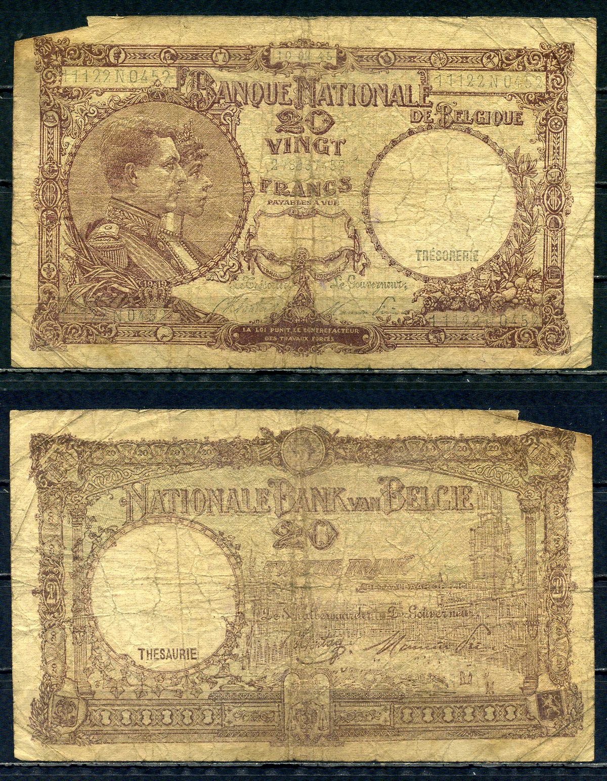 Бельгия 20 франков 1945 10.02.1945, Король Альберт I и его жена Королева Елизавета, Гран-Плас / Гроте Маркт, Брюссель Pick 111 (3) бумага 6301-14-2-1