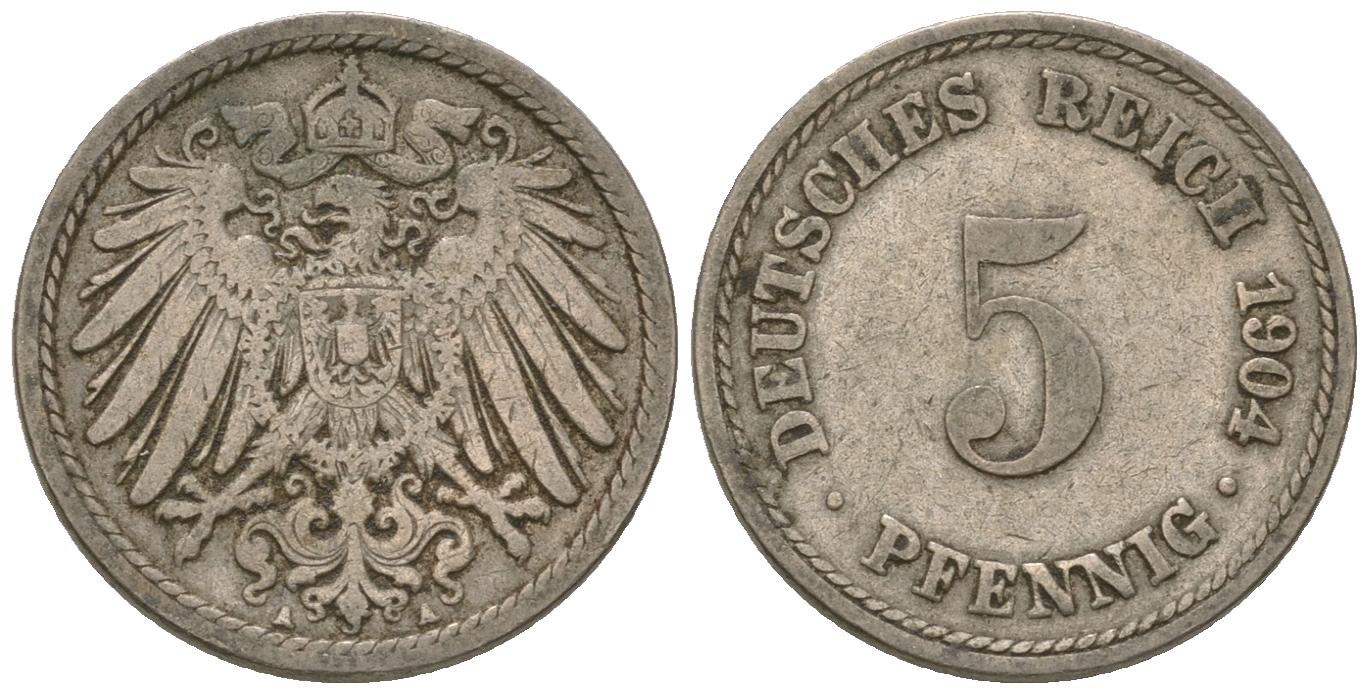 ГДР 5 пфеннигов 1904 А, KM 11, J. 12 медно-никель 3458-1117