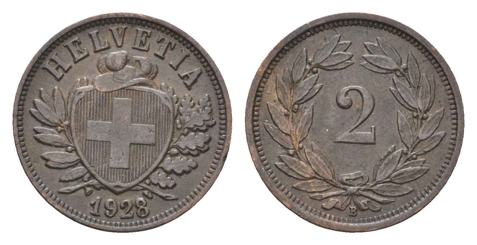 Швейцария 2 раппена 1928 B KM 4 бронза 5010-1842