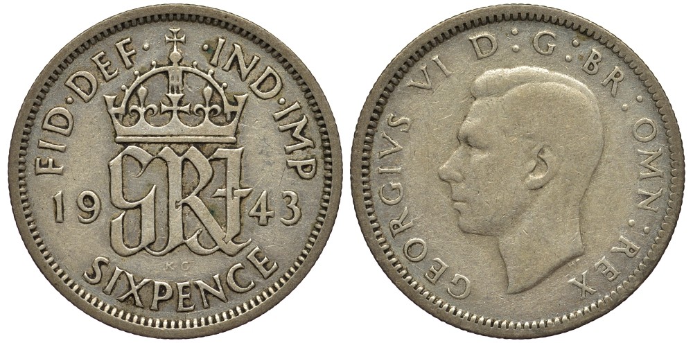 Великобритания 6 пенсов 1943 Георг VI (1936-1952) KM 852, Spink 4084 серебро 4538-524