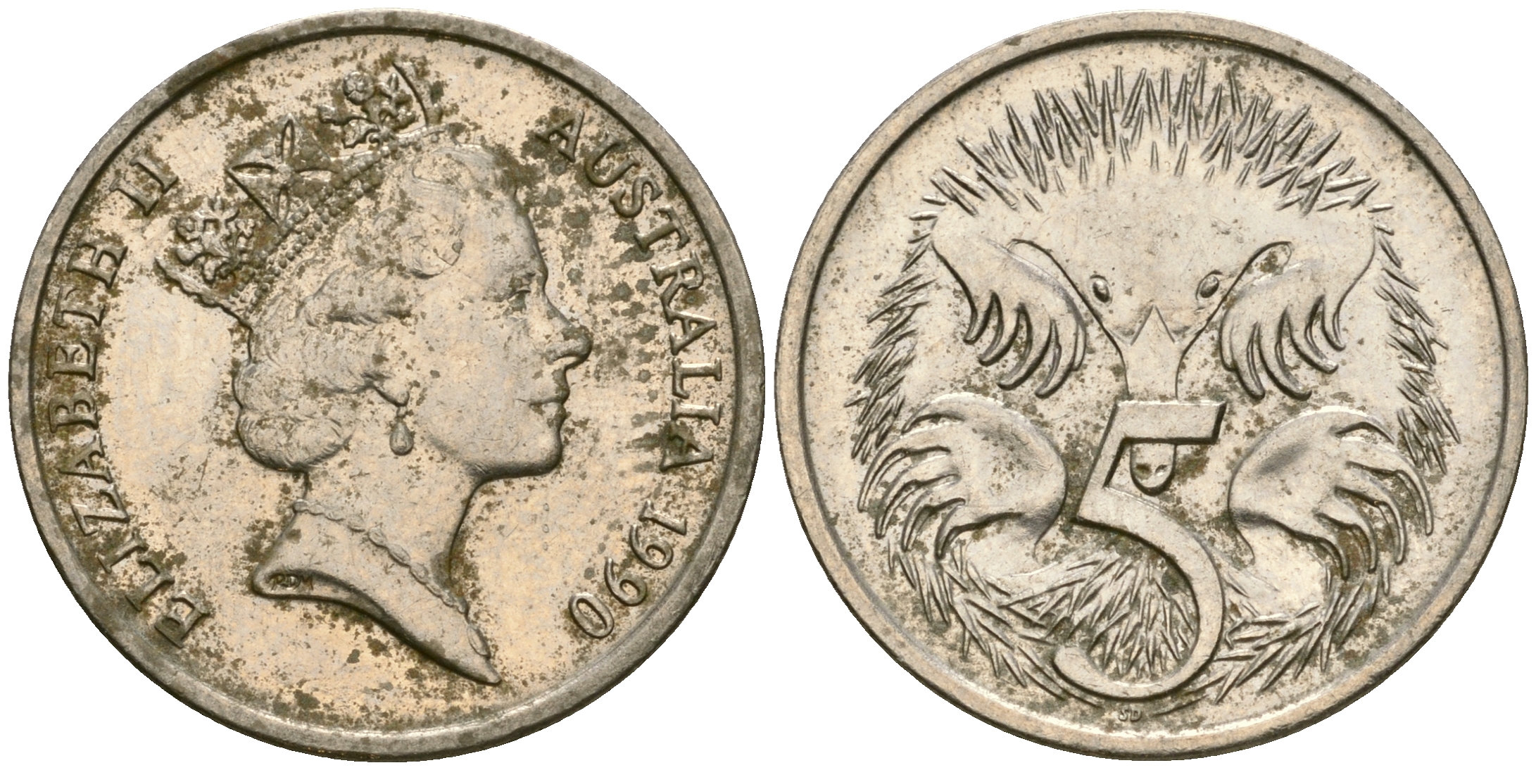Австралия 5 центов 1990 Елизавета II (1952-), ехидна KM 80 медно-никель 4608-829