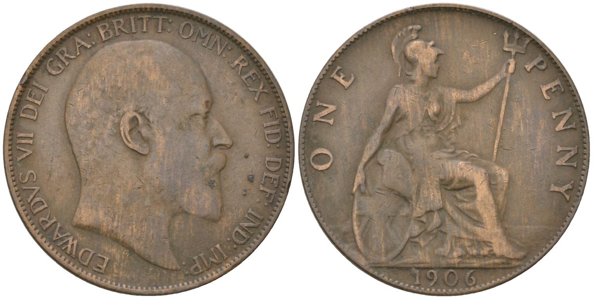 Великобритания 1 пенни 1906 Эдуард VII (1901-1910) KM 794.2, Spink 3990 бронза    4590-1122