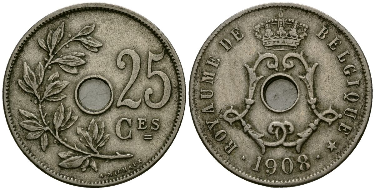 Бельгия 25 сантимов 1908 Belgique KM 62 медно-никель 4168-1136