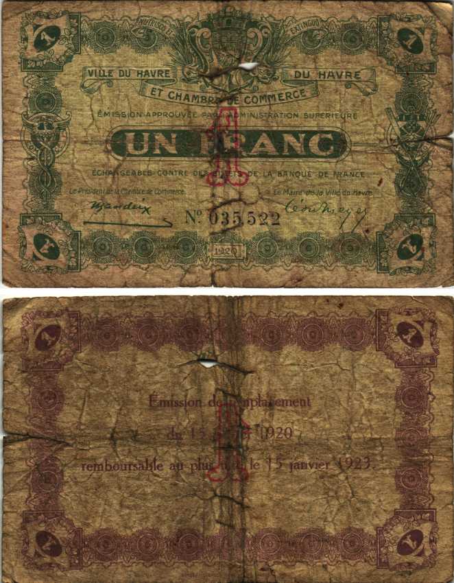 Франция, Гавр 1 франк 1920-1923 коммерческая палата бумага 7191-16-1-2