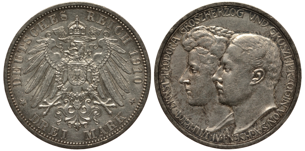 Саксен-Веймар-Эйзенах 3 марки 1910 на вторую свадьбу великого герцога Эрнста и Феодоры J. 162, KM 176 серебро 00-819-29