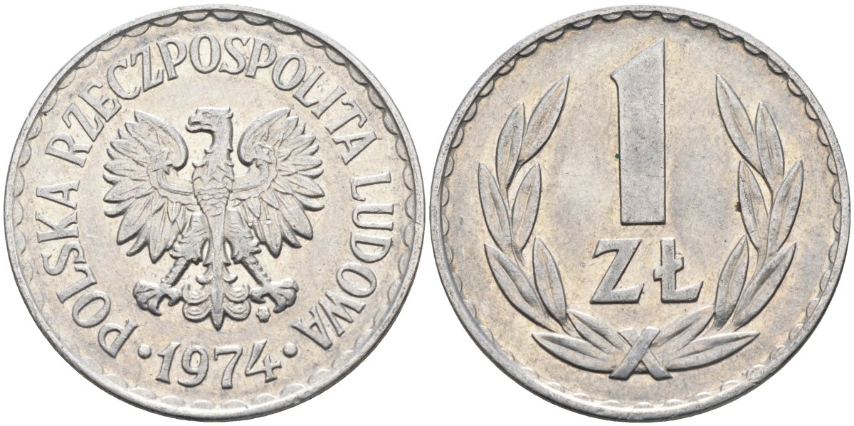 Польша 1 злотый 1974 MW, Народная Республика KM 49.1, Parchimowicz 213k алюминий 3336-1254