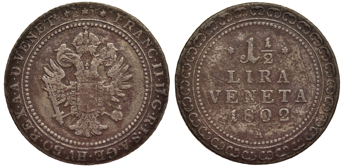 Венеция 1 1/2 лиры 1802 дом Габсбургов KM 165.1, J. 144 серебро 00-000-00