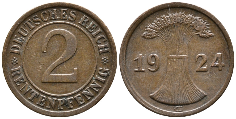 ГЕРМАНИЯ 2 РЕНТЕНПФЕННИГА 1924 G KM 31, J. 307 бронза 24-452