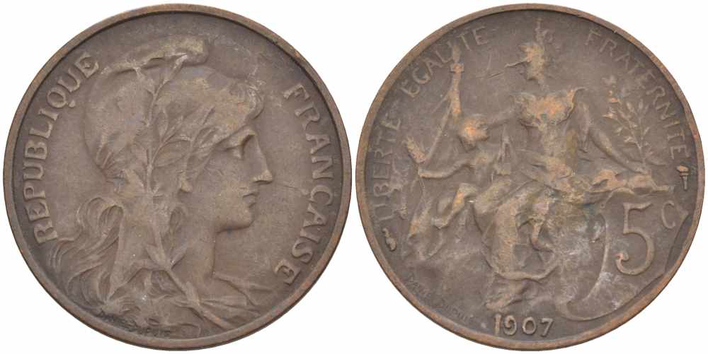 ФРАНЦИЯ 5 САНТИМОВ 1907 ТИП ДАНИЭЛЬ ДЮПЮИ KM 842, LE FRANC 119.17 бронза 108-854