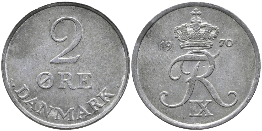 ДАНИЯ 2 ЭРЕ 1970 C; S, ФРЕДЕРИК IX (1947-1972) KM 840.2 цинк 28-1046