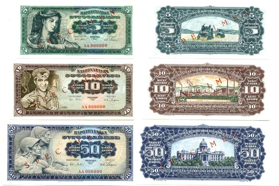Югославия набор из 3 банкнот 1965 5, 10, 50 динаров, Specimen, Образец, красная диагональная надпечатка Pick 77s, 78s, 79s бумага aUNC 451-84-2
