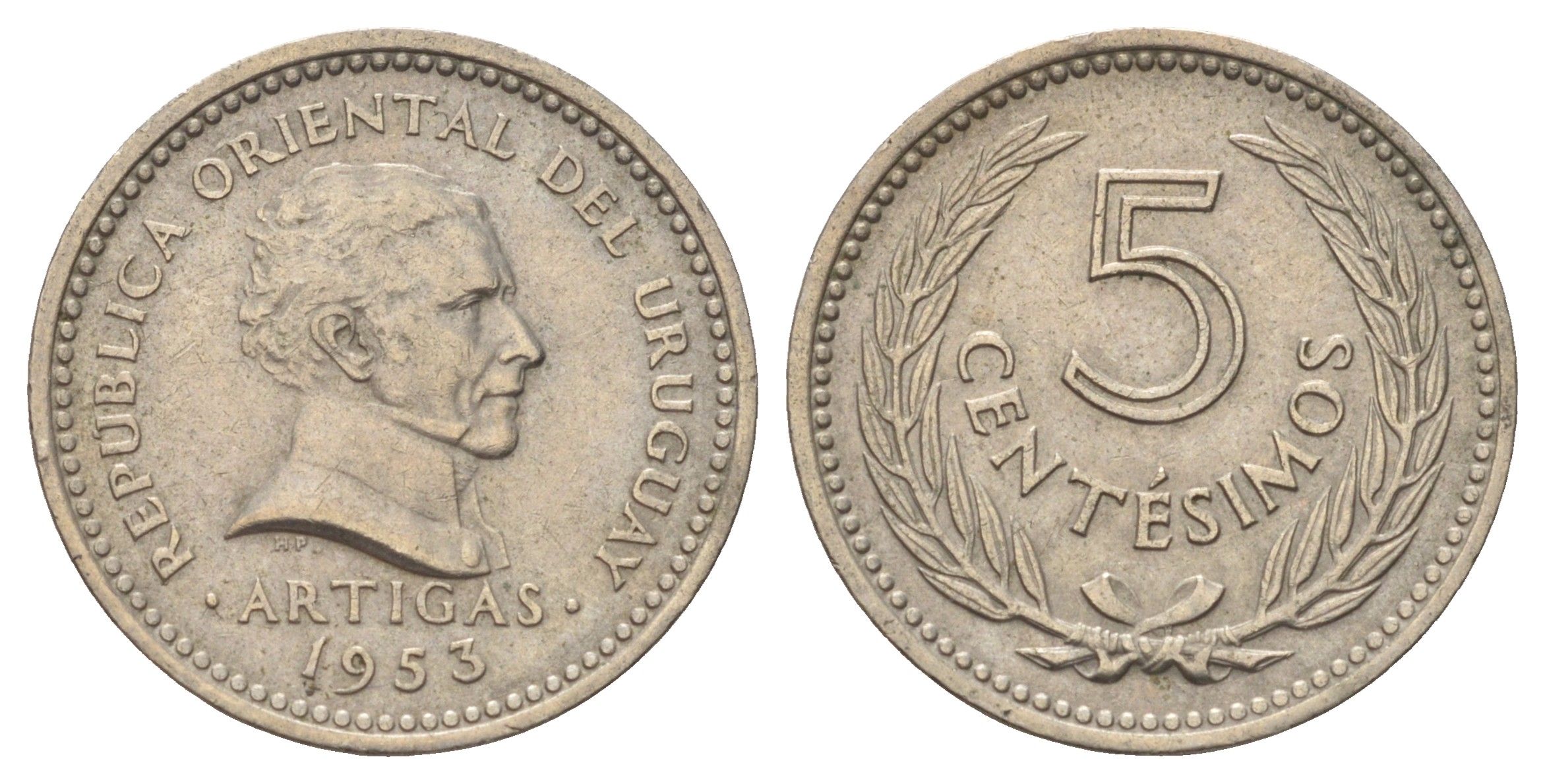 Уругвай 5 сентесимо 1953 KM 34 медно-никель 4172-331