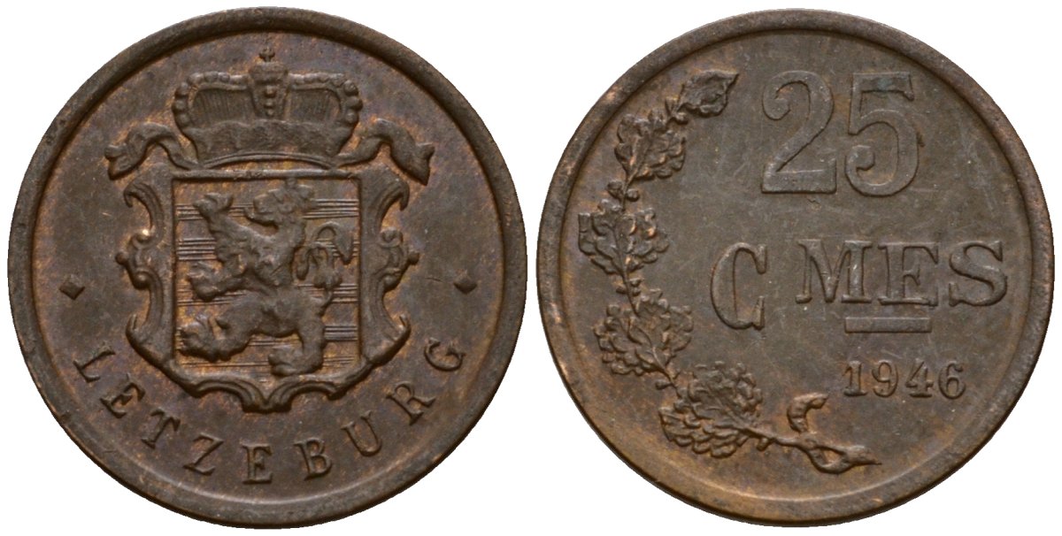 Люксембург 25 сантимов 1946 Шарлотта (1918-1964) KM 45 бронза 4115-1248