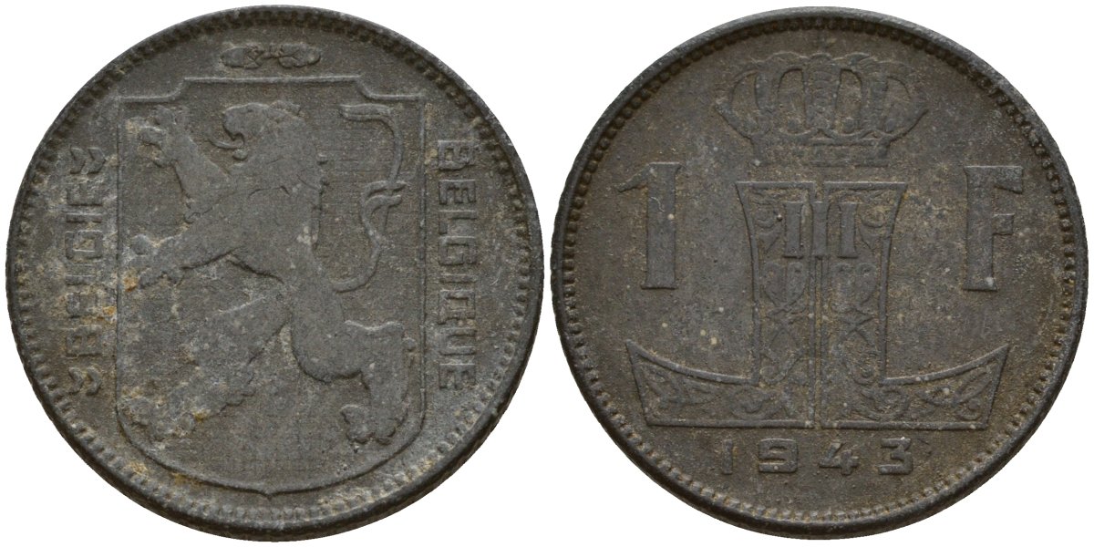 Бельгия 1 франк 1943 Belgique - Belgie, Леопольд III (1934-1947), германская оккупация, Вторая мировая война KM 127 цинк 4161-535