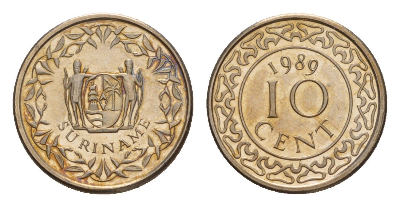 Суринам 10 центов 1989 KM 13a медно-никель BU 4649-1014