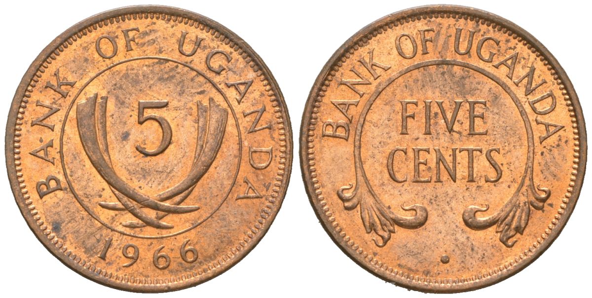 Уганда 5 центов 1966 KM 1 бронза aUNC 4609-1156