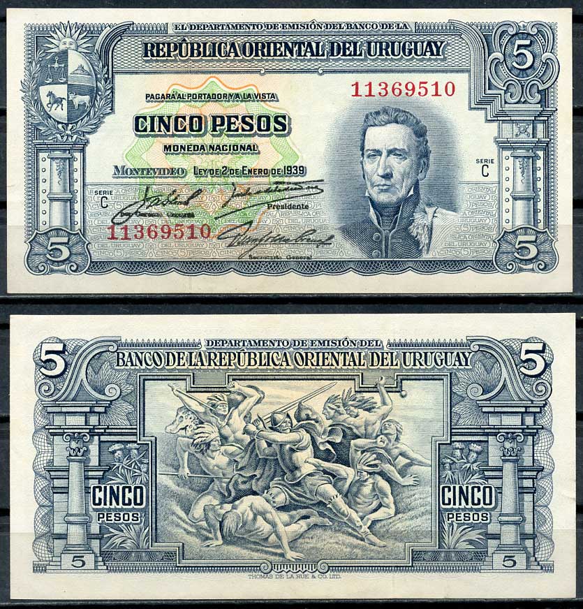 Уругвай 5 песо 1939 Хосе Хервасио Артигас, конкистадор, сражающийся с индейцами, серия С Pick 36 b (3)  бумага  aUNC 00-00