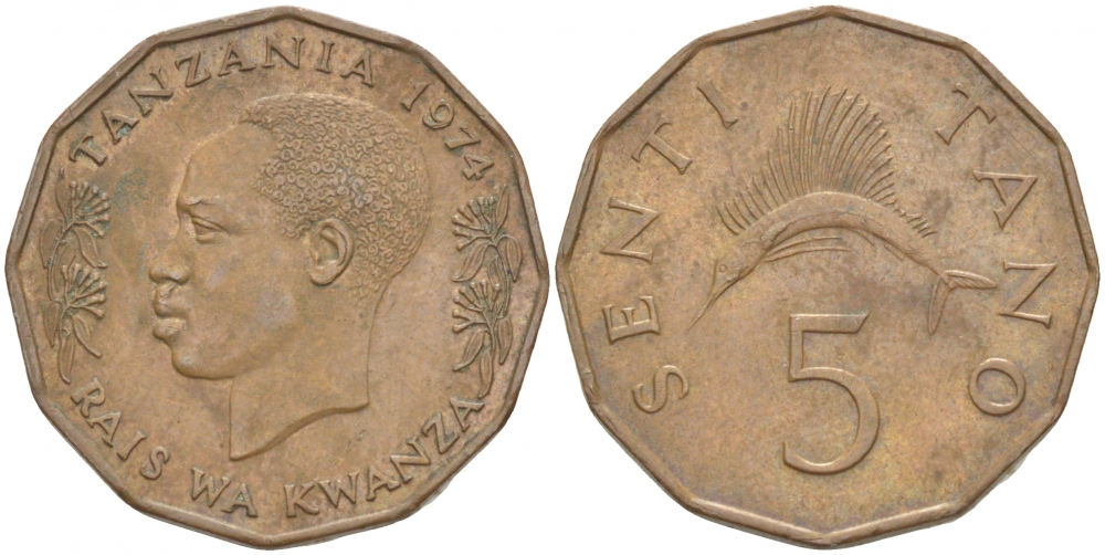 ТАНЗАНИЯ 5 СЕНТИ 1974 KM 1 бронза 3457-752