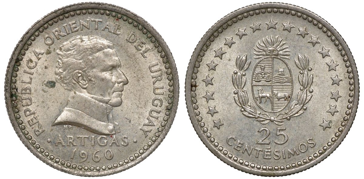 Уругвай 25 сентесимо 1960 KM 40 медно-никель 4169-813