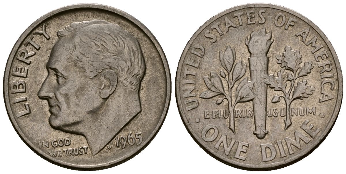США 10 центов (дайм) 1965 Рузвельт KM 195a медь плакированная медно-никелем 4164-924