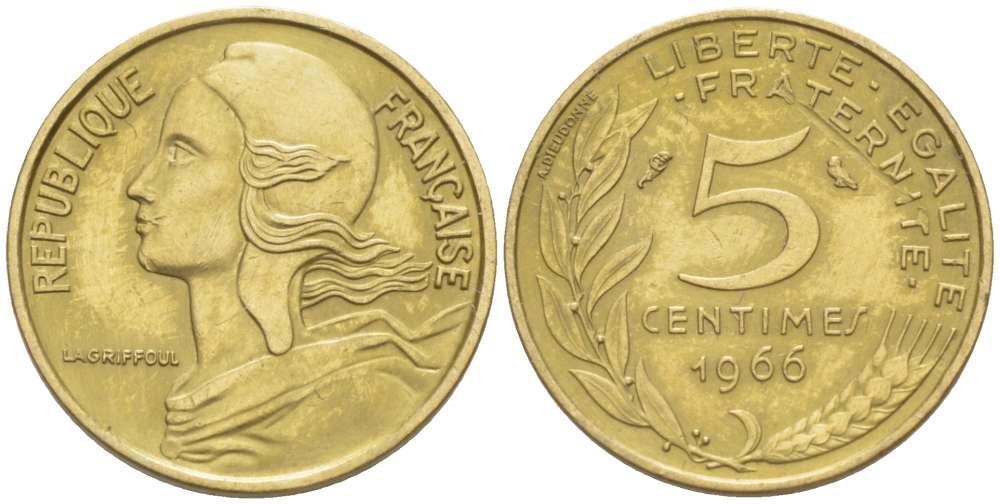 ФРАНЦИЯ 5 САНТИМОВ 1966 ТИП MARIANE KM 933, LE FRANC 125.2 алюминиевая бронза 4516-816