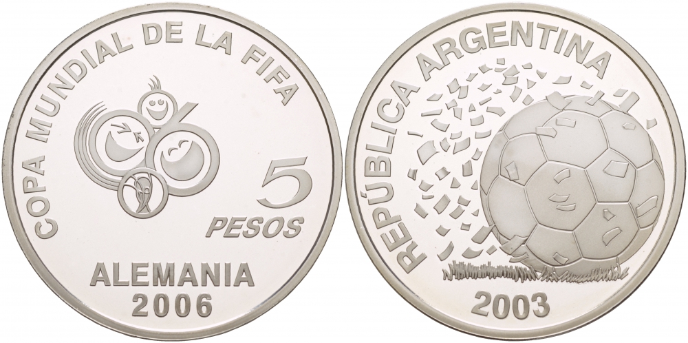 Аргентина 5 песо 2003 чемпионат мира по футболу в Германии 2006 FIFA КМ 143 серебро PROOF 1088-6-11