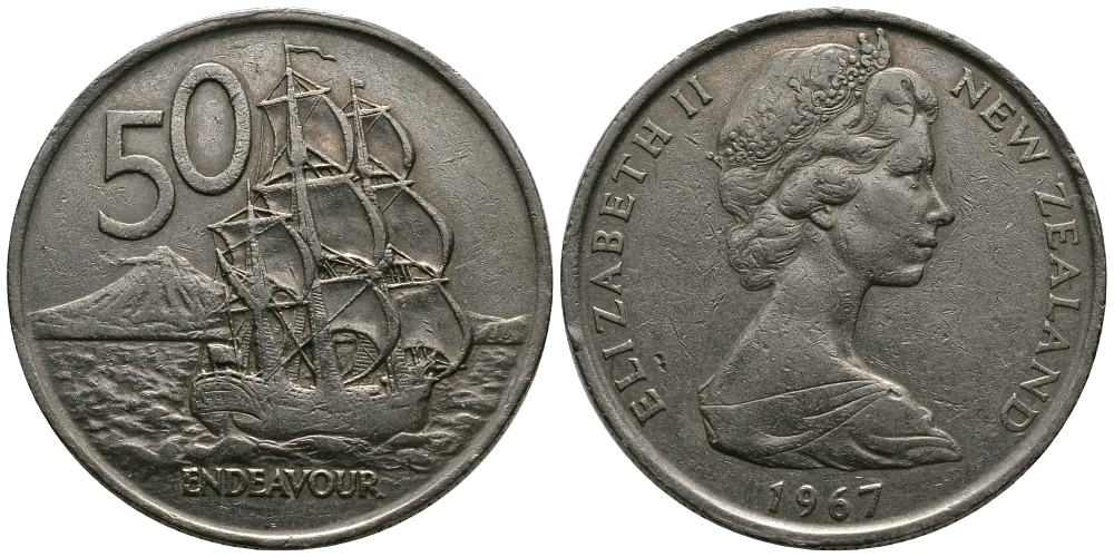 Новая Зеландия 50 центов 1967 Елизавета II (1952-2022), парусник Индевор KM 37.1 медно-никель 47-442