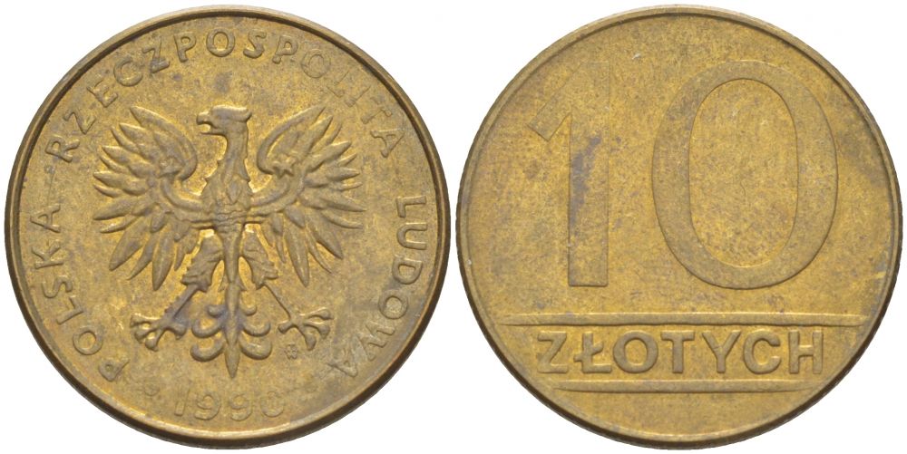 Польша 10 злотых 1990 MW, Народная Республика KM 152.2, Parchimowicz 244b латунь 4519-1024
