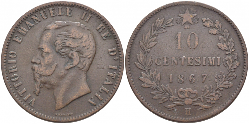 Италия 10 чентезимо 1867 H, Виктор Эммануил II (1861-1878) KM 11.3 медь 114-623