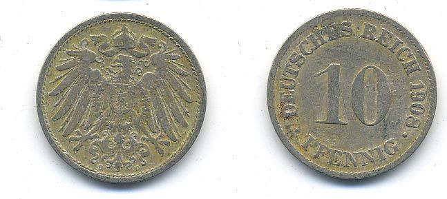ГЕРМАНИЯ 10 ПФЕННИГОВ 1908 D KM 12, J. 13 медно-никель 58-324