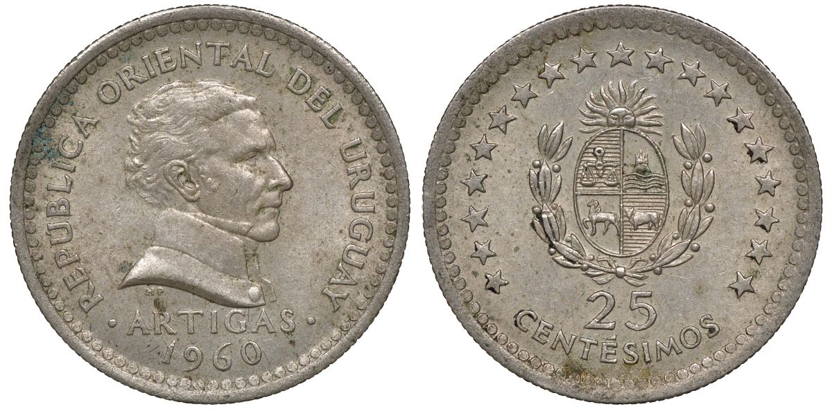 Уругвай 25 сентесимо 1960 KM 40 медно-никель 4169-767
