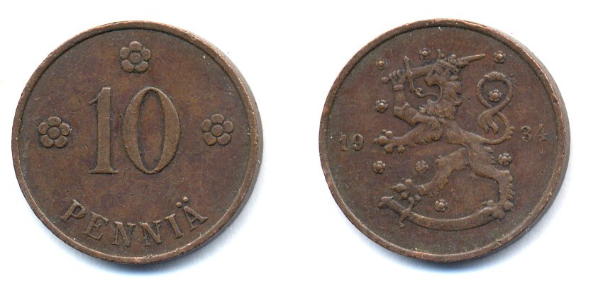 Финляндия 10 пенни 1934 республика (1918-1962) KM 24 медь 51-5344