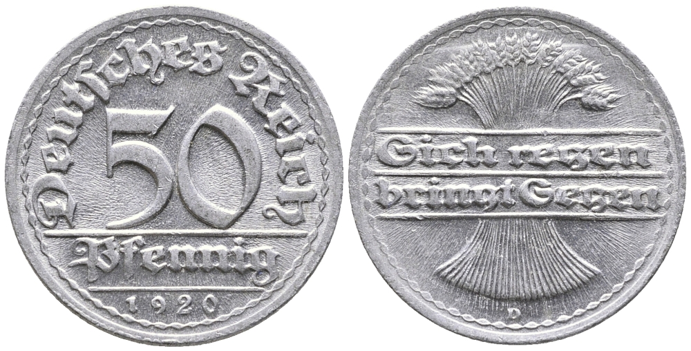ГЕРМАНИЯ 50 ПФЕННИГОВ 1920 D KM 27, J. 301 алюминий 24-941